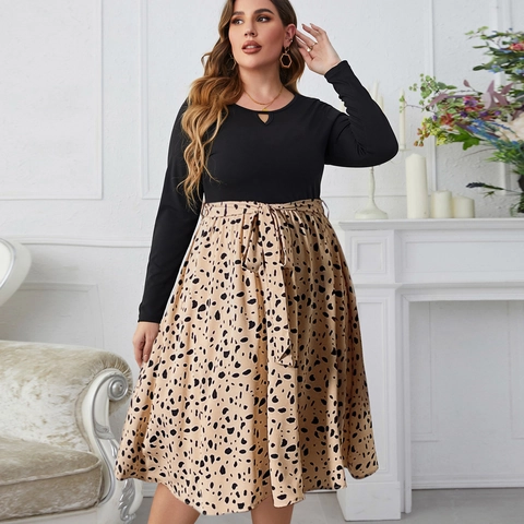Abito Patchwork a Maniche Lunghe Taglie Forti Donna Elegante Scollo a Goccia Stampa Animale Leopardo Vita Alta Maxi Vestito Con Cintura