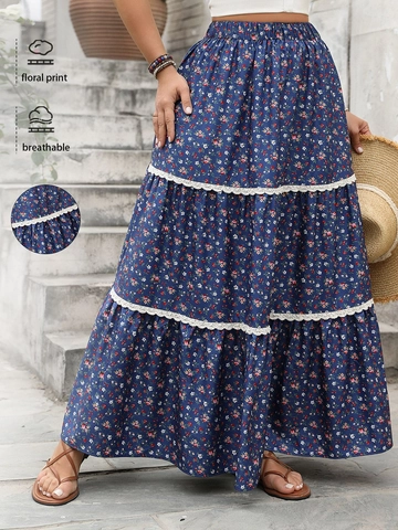 Gonna Lunga a Balze Bohemien Taglie Forti Donna Blu Navy Stampa Floreale Bordo in Pizzo Vita Elastica Gonna Casual per Vacanze