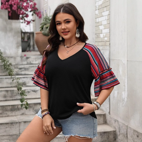 Grote Maten Dames T-shirt V-hals Gestreepte Patchwork Klokmouw Losjes Casual Zomer Ruffle Korte Mouw Top
