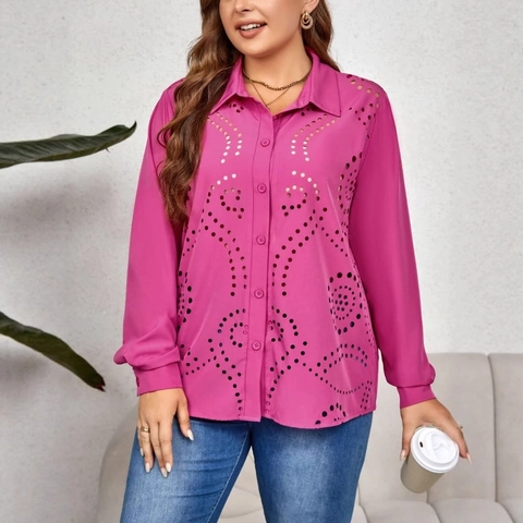 Chemisier Femme Grande Taille Magenta Découpe Laser Ajouré Col Rabattu Boutonné Manches Longues Décontracté Ample