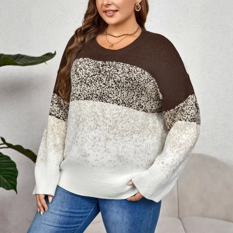 Maglione in Maglia a Blocchi di Colore Taglie Forti Donna Casual Girocollo Manica Lunga Vestibilità Larga Pullover Patchwork Top Autunno Inverno