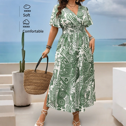 Women Plus Size Green Floral Maxi Dress V Neck Smocked High Waist Flutter Sleeve Slit Bohemian Summer Vacation Long Dress