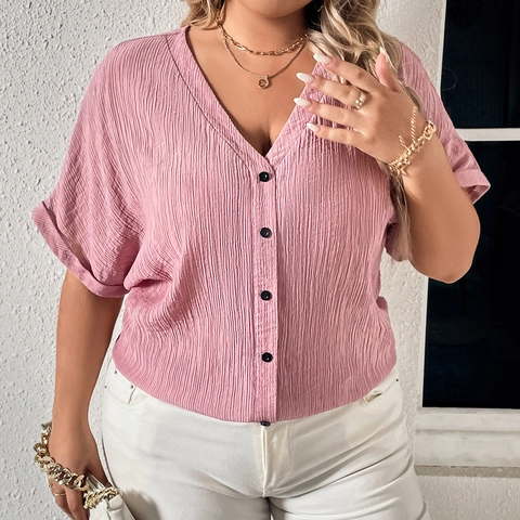 Camicetta da Donna Taglie Forti Rosa con Scollo a V e Bottoni Manica Corta Texture Rugosa Top Estivo Casual