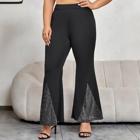 Damen Übergröße High Waist Schlaghose Silber Pailletten Patchwork Glockenhose Casual Stretch Schwarz Lange Hose Für Party