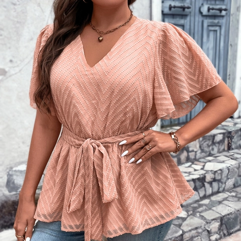 Camicetta da Donna Taglie Forti Scollo a V in Chiffon Elegante Jacquard Chevron Top Peplo Manica Corta con Cintura da Annodare