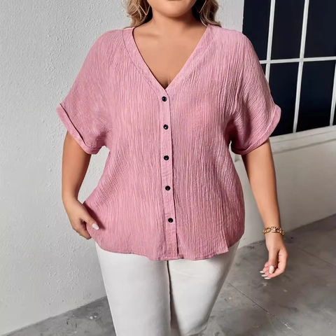 Camicetta da Donna Taglie Forti Rosa con Scollo a V e Bottoni Manica Corta Texture Rugosa Top Estivo Casual