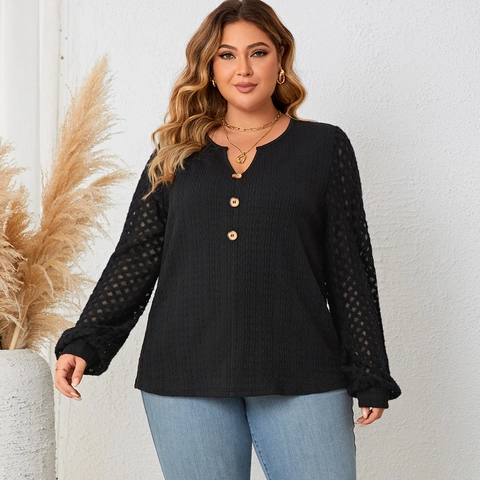 Dames Grote Maat Zwart Lange Mouw Top Henley Ronde Hals Knoppen Opengewerkt Kant Patchwork Casual Wafel Textuur Blouse