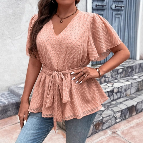 Camicetta da Donna Taglie Forti Scollo a V in Chiffon Elegante Jacquard Chevron Top Peplo Manica Corta con Cintura da Annodare