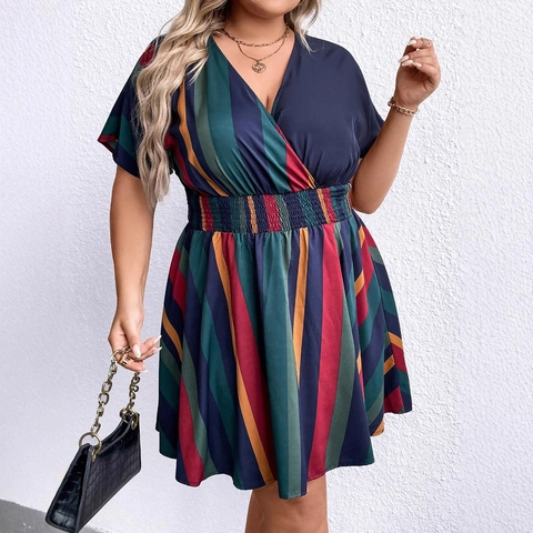 Abito Midi da Donna Taglie Forti Scollo a V Righe Verticali Vita Smock Casual Elegante Modellante Abito Lungo a Maniche Lunghe