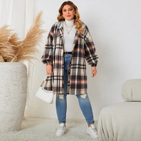 Damen Plus Size Karo-Kapuzenjacke Mittellange Baumwollmischung Hemdjacke Lässig Langarm Knöpfe Oberbekleidung Für Herbst Winter