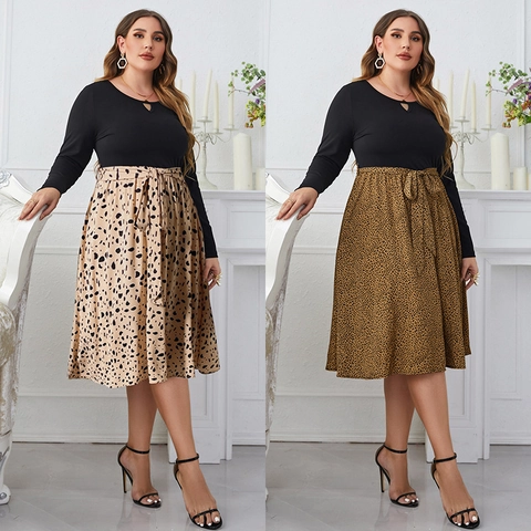 Plus Size Women's Leopard Print Patchwork Long Sleeve Dress Round Neck Keyhole Tie Waist Midi A-Line Dress For Party Daily