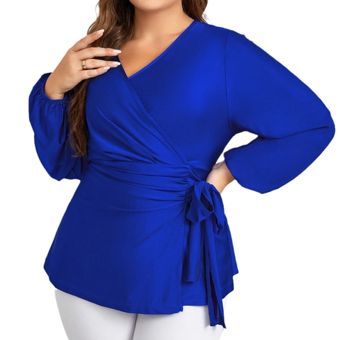 Camicetta a Portafoglio da Donna Elegante Blu Reale Scollo a V Fiocco Manica a Lanterna Taglie Forti in Poliestere Spandex