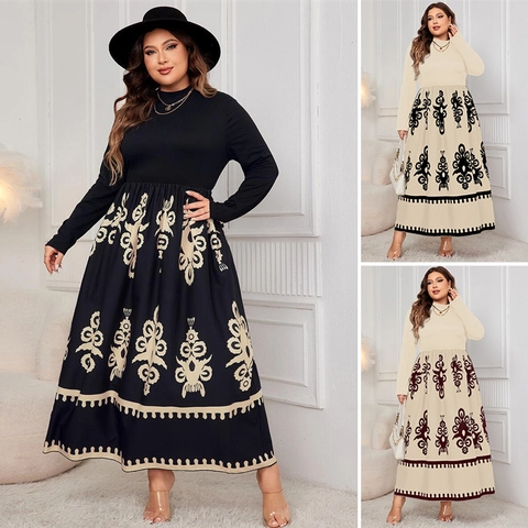 Women Plus Size Maxi Dress Elegant Long Sleeve Mock Neck Ethnic Totem Print Autumn Loose Comfortable Polyester Long Dress