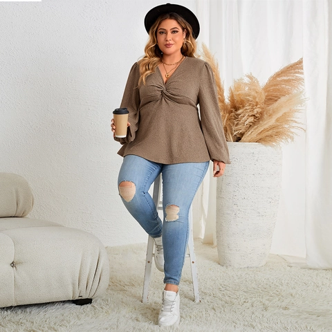 Women Plus Size V Neck Long Sleeve Twist Front Peplum Top Casual Solid Color Polyester Blouse For Everyday Office Wear