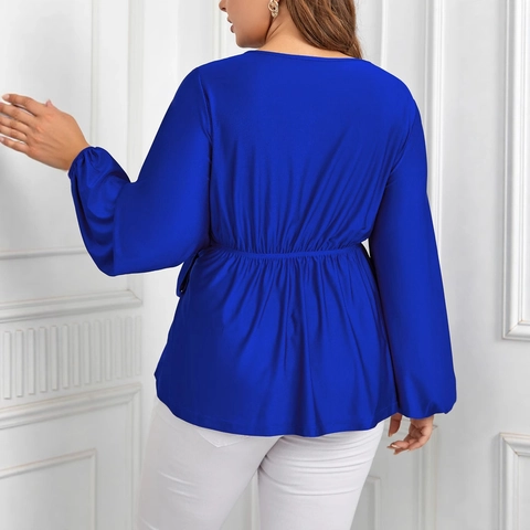 Camicetta a Portafoglio da Donna Elegante Blu Reale Scollo a V Fiocco Manica a Lanterna Taglie Forti in Poliestere Spandex