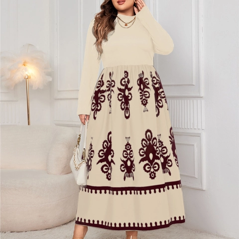 Women Plus Size Maxi Dress Elegant Long Sleeve Mock Neck Ethnic Totem Print Autumn Loose Comfortable Polyester Long Dress