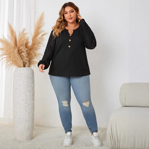 Dames Grote Maat Zwart Lange Mouw Top Henley Ronde Hals Knoppen Opengewerkt Kant Patchwork Casual Wafel Textuur Blouse