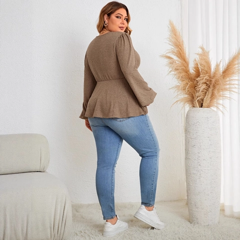 Women Plus Size V Neck Long Sleeve Twist Front Peplum Top Casual Solid Color Polyester Blouse For Everyday Office Wear