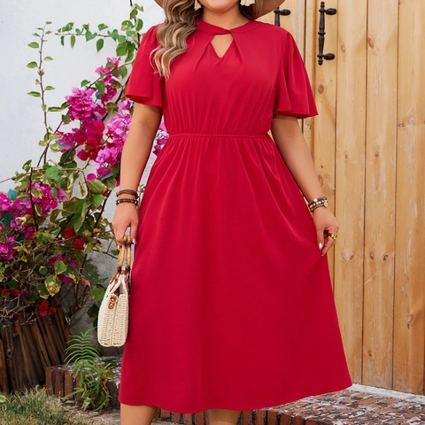 Women Plus Size Solid Red Dress Hollow Out V-Neck Ruffle Short Sleeve A-Line Midi Dress For Casual Vacation Bohemian Style