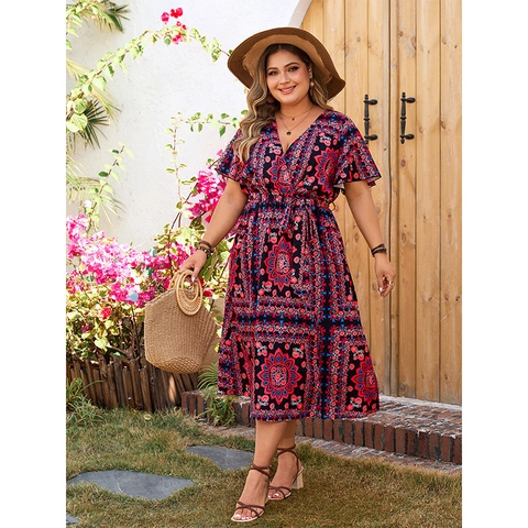 Abito Maxi Donna Taglie Forti Bohemien Stampa Floreale Mandala Scollo V Maniche Volant Cintura Laccio Spacco Estate Vacanza