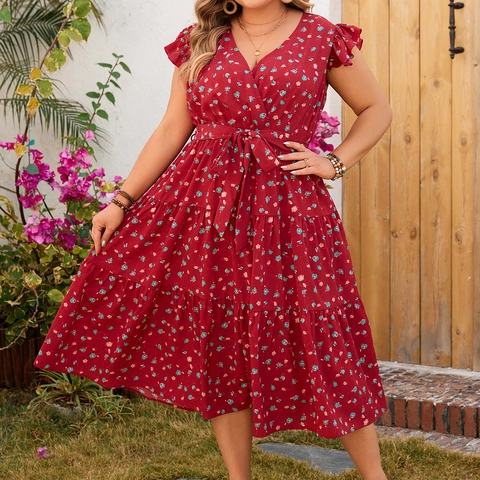 Vrouwen Grote Maten Bloemenprint Gelaagde Maxi Jurk V Hals Boho Zomer Ruffle Mouw Taille Strik A Lijn Jurk Rood