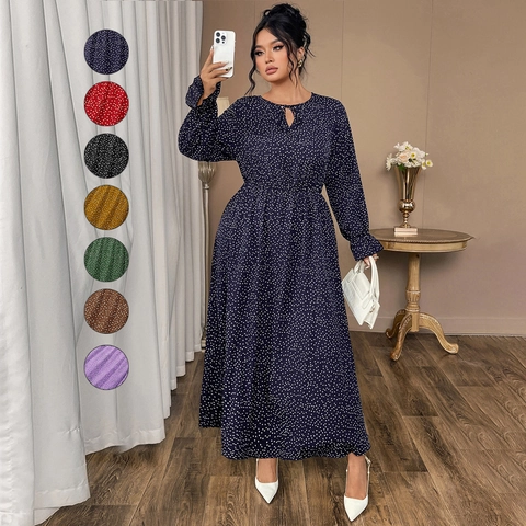Vestito Lungo Donna Taglie Forti a Pois Elegante Manica Lunga con Laccio Taglio a Goccia Volant Vita Alta Chiffon Fluido