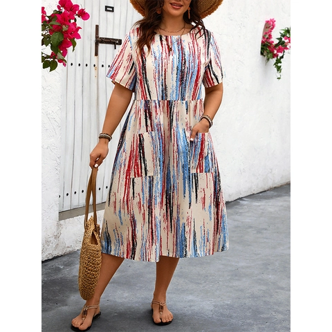 Robe Midi Grande Taille pour Femme Imprimé Rayures Abstraites Décontractée Col Rond Manches Courtes Poche Vacances Boho