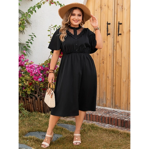 Grote Maat Dames Zwarte Jurk Elegant Gaas Stippen Patchwork V-Hals Ruffle Mouw A-Lijn Midi Jurk Zomer
