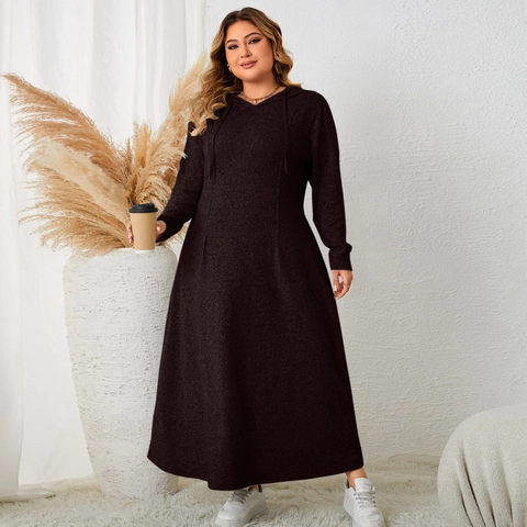 Robe Maxi à Capuche Grande Taille Femme Manches Longues Décontracté Ligne A Couleur Unie Automne Robes Longues