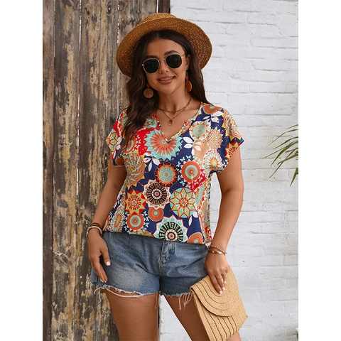 Women Plus Size Bohemian Mandala Floral Print V Neck Short Sleeve Blouse Casual Loose Summer Vacation Pullover Shirt Top