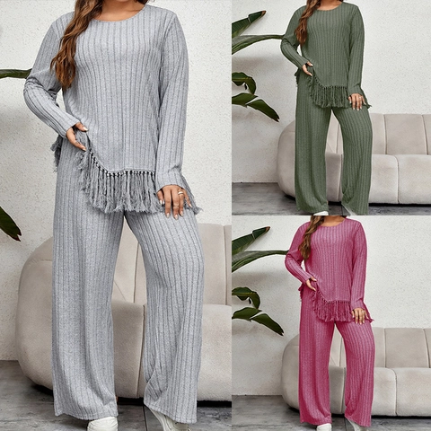 Completo Casual da Donna Taglie Forti in Maglia a Costine con Top a Maniche Lunghe con Frange e Pantaloni a Gamba Larga