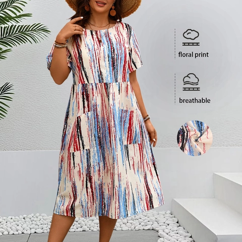 Robe Midi Grande Taille pour Femme Imprimé Rayures Abstraites Décontractée Col Rond Manches Courtes Poche Vacances Boho