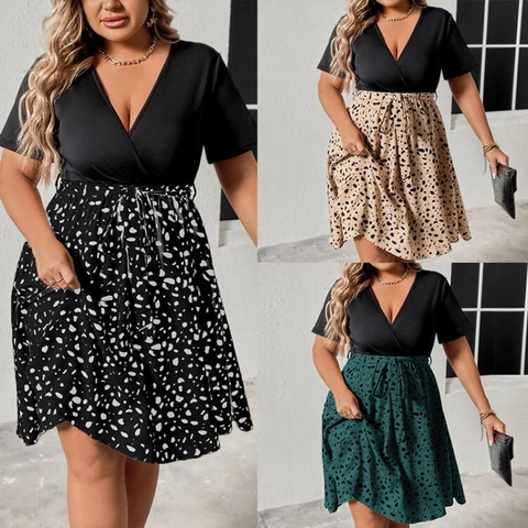 Robe Maxi Grande Taille Femme Col en V Manches Courtes Patchwork Élégant Imprimé à Pois Irréguliers Taille Haute avec Ceinture