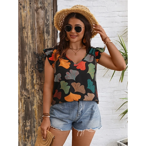Women Plus Size V Neck Ruffle Sleeve Blouse Summer Casual Ginkgo Leaf Print Bohemian Shirt Loose Short Sleeve Top