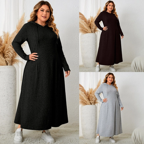 Robe Maxi à Capuche Grande Taille Femme Manches Longues Décontracté Ligne A Couleur Unie Automne Robes Longues