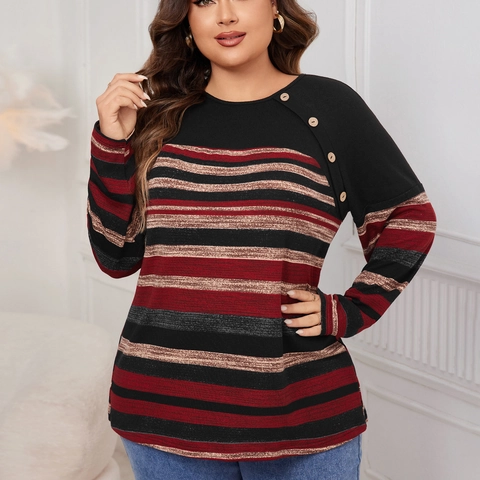 T-Shirt à Manches Longues à Rayures Grandes Tailles Femmes Col Rond Haut Color Block Avec Boutons Décoratifs Blouse Ample Décontractée