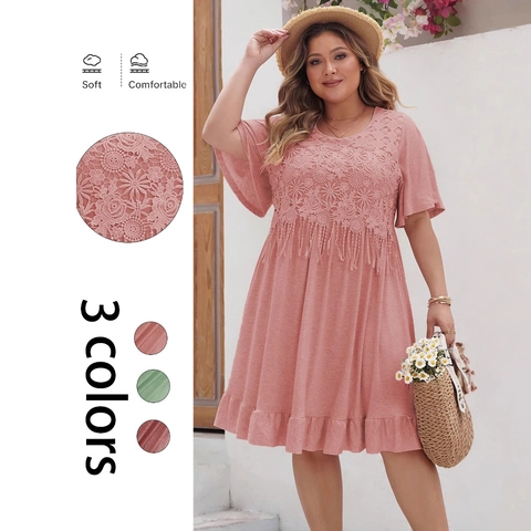 Übergröße Bohemian Spitze Quaste Rundhalsausschnitt Kurzarm Kleid Damen Blumenmuster Rüschensaum Urlaub Sommer Maxikleid
