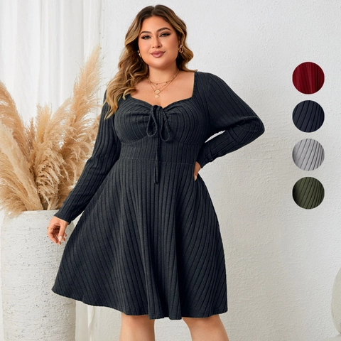Women Plus Size Ribbed Knit Long Sleeve Dress Sweetheart Neck Drawstring A-Line Midi Dress For Casual Daily Wear