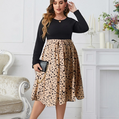 Abito Patchwork a Maniche Lunghe Taglie Forti Donna Elegante Scollo a Goccia Stampa Animale Leopardo Vita Alta Maxi Vestito Con Cintura