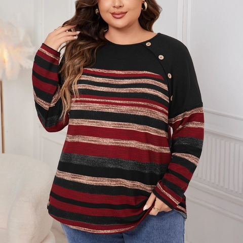 T-Shirt à Manches Longues à Rayures Grandes Tailles Femmes Col Rond Haut Color Block Avec Boutons Décoratifs Blouse Ample Décontractée