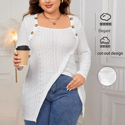 Top da Donna Taglie Forti Bianco con Ricamo Traforato Manica Lunga Scollo Quadrato Bottoni Decorativi Orlo Spaccato Irregolare Camicetta Larga