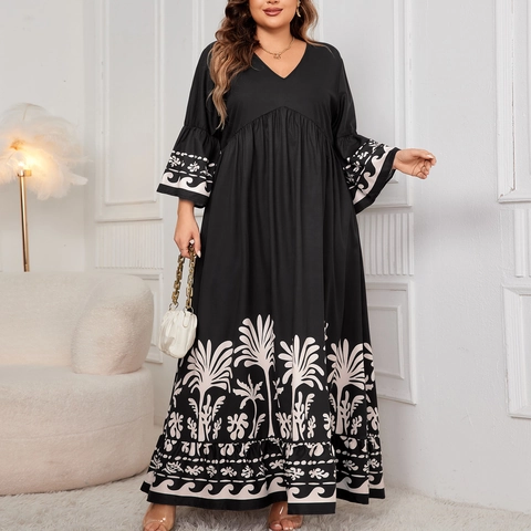Women's Casual Plus Size V-Neck Bell Sleeve Maxi Dress Tropical Palm Tree Print Bohemian Elegant Loose Fit Resort Wear Long Dress