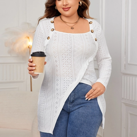 Top da Donna Taglie Forti Bianco con Ricamo Traforato Manica Lunga Scollo Quadrato Bottoni Decorativi Orlo Spaccato Irregolare Camicetta Larga