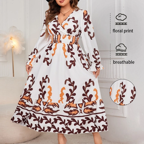 Dames Grote Maten Bloemenprint V-hals Lange Mouwen Maxi Jurk Losse Casual Herfst Elegant Boheems Ruffle Jurk