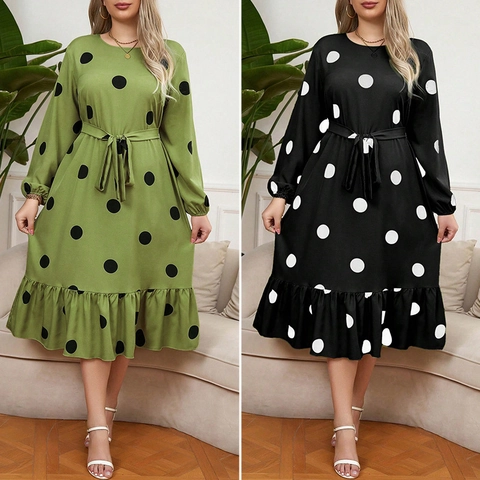 Plus Size Damen Polka Dot Maxikleid Langarm Rundhals Bindegürtel Rüschensaum Elegant Casual Polyester Kleid