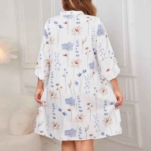 Damen Übergröße Blumenprint Midi Kleid Elegant V Ausschnitt Geknöpft Dreiviertelarm Locker Lässig Weiß Hemdkleid