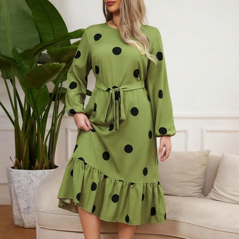 Plus Size Damen Polka Dot Maxikleid Langarm Rundhals Bindegürtel Rüschensaum Elegant Casual Polyester Kleid