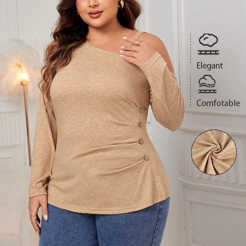 Plus Size Cold Shoulder Knitted Top Women Asymmetrical One Shoulder Ruched Button Decor Long Sleeve Solid Color Pullover T-Shirt