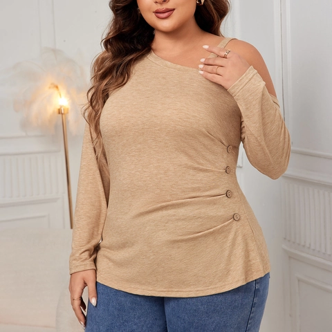 Plus Size Cold Shoulder Knitted Top Women Asymmetrical One Shoulder Ruched Button Decor Long Sleeve Solid Color Pullover T-Shirt