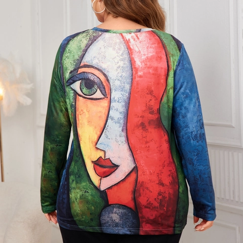 T-Shirt Grande Taille Femme Col Rond Manches Longues Imprimé Visage Art Abstrait Décontracté Artistique Top Ample